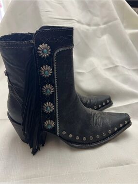 Double D Ranch Black Fringe Western Ankle Boots with Turquoise Conchos